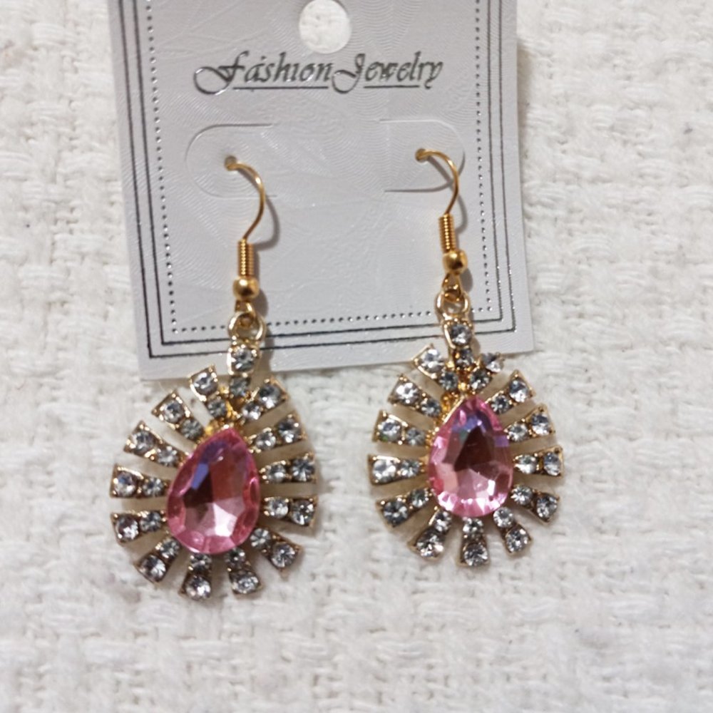 3/$18 - Gold Tone Pink Crystal Stone Oval Earring w/ Gemstone - Mix & Match